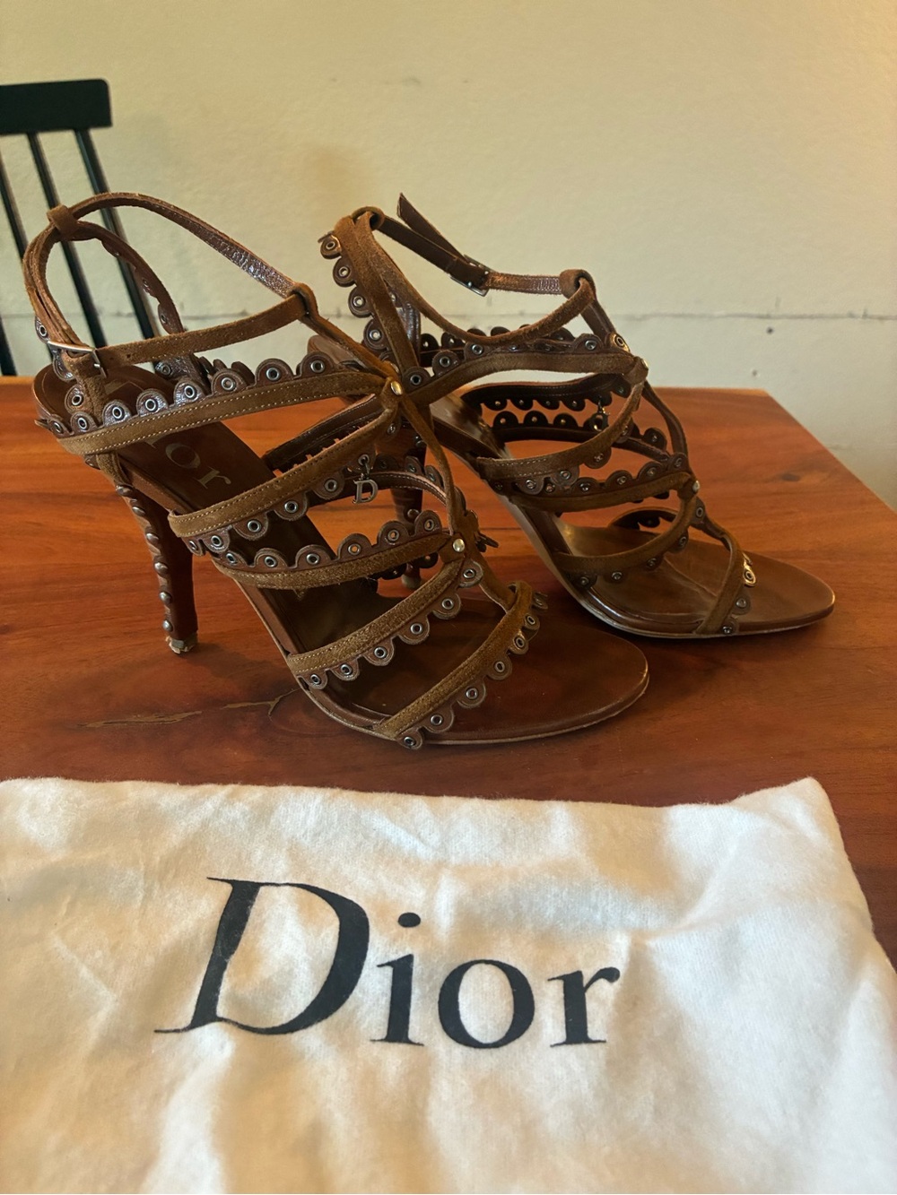 Dior Brown Suede Eyelet Strappy High Heels